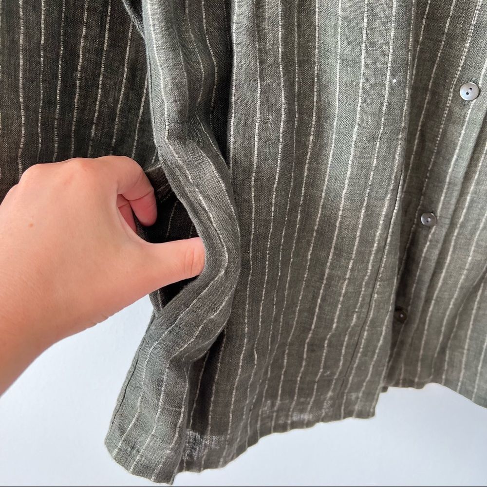 Pure jill linen tunic green‎ stripe button front w/ pockets - Picture 2 of 9